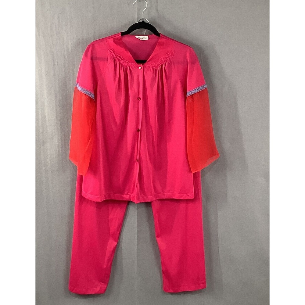 Vintage Vanity Fair 2 Piece Satin and Sheer Pajama Set Womens S Pink Orange Blue